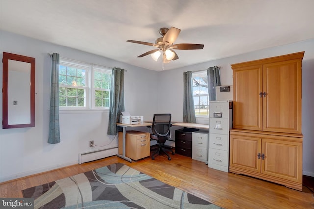 office with a baseboard heating unit, light wood-style flooring, baseboards, and ceiling fan