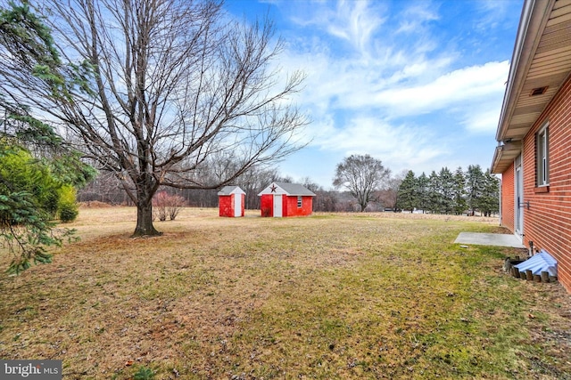 view of yard with a storage shed and an outdoor structure