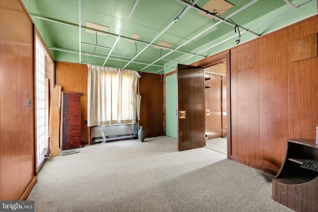 interior space featuring carpet flooring and wooden walls