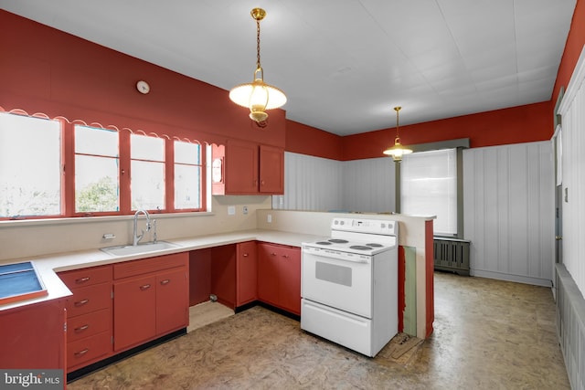 kitchen with a sink, radiator, light countertops, and electric stove