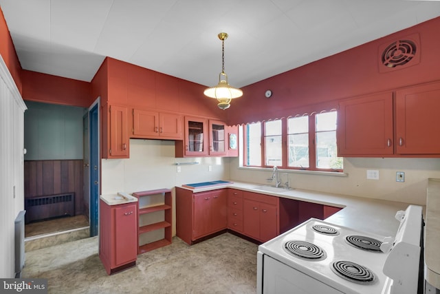 kitchen with white electric range, a sink, radiator heating unit, glass insert cabinets, and hanging light fixtures