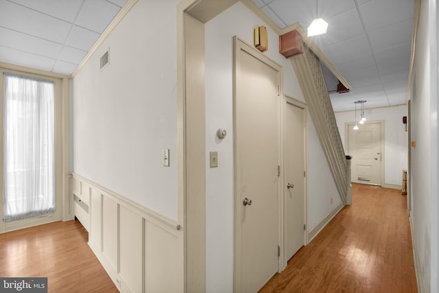 hallway with a decorative wall, a drop ceiling, light wood-type flooring, and visible vents