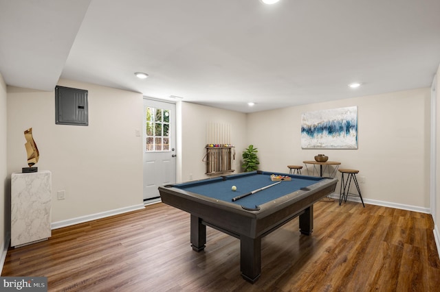 game room with pool table, baseboards, electric panel, recessed lighting, and wood finished floors