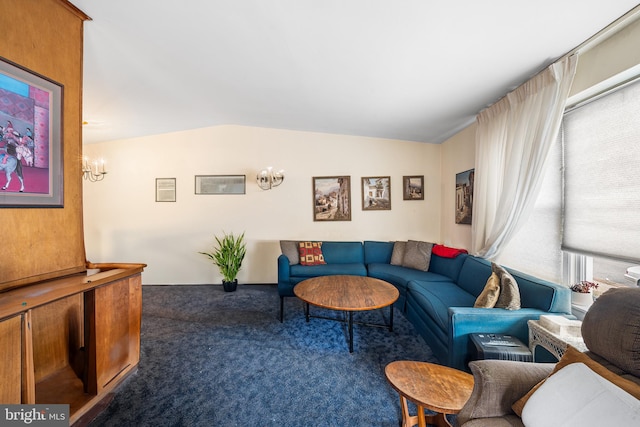 living room with carpet and vaulted ceiling