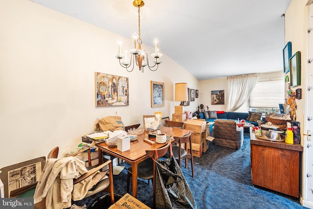 carpeted dining space with a notable chandelier and vaulted ceiling