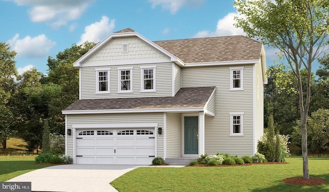 view of front of property with driveway, an attached garage, a front lawn, and roof with shingles