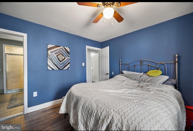 bedroom with ceiling fan, baseboards, and wood finished floors