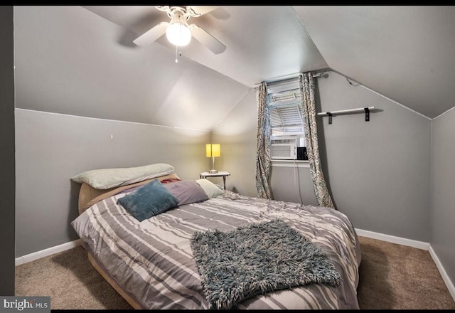 bedroom with baseboards, carpet floors, and vaulted ceiling