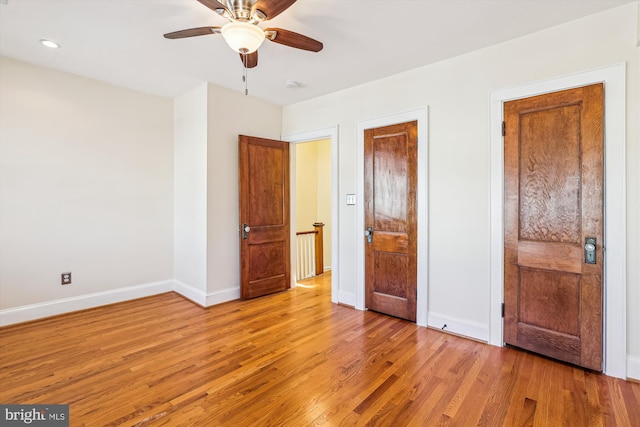 unfurnished bedroom with recessed lighting, baseboards, light wood-type flooring, and ceiling fan