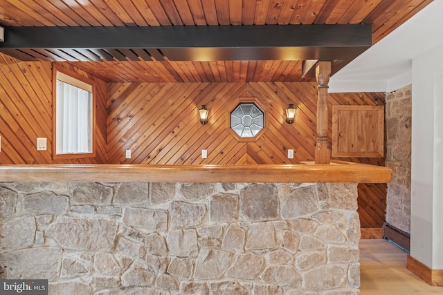 details with beam ceiling, wood walls, and wood finished floors
