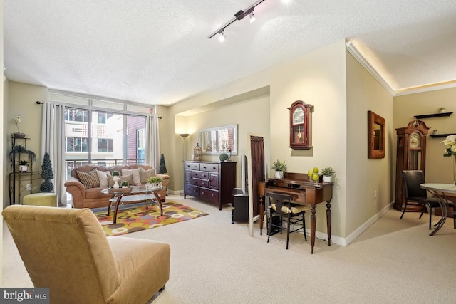 living room with light colored carpet, rail lighting, a textured ceiling, and baseboards