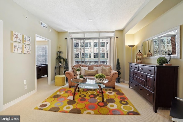 living room with baseboards and a textured ceiling