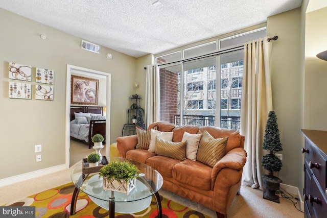 living area featuring baseboards, visible vents, a textured ceiling, and carpet