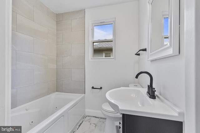 full bath featuring toilet, marble finish floor, a combined bath / shower with jetted tub, baseboards, and vanity