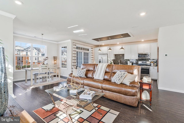 living area featuring dark wood finished floors, baseboards, and ornamental molding