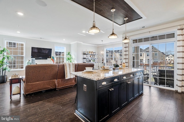 kitchen with visible vents, crown molding, dark cabinetry, hanging light fixtures, and dark wood-style flooring