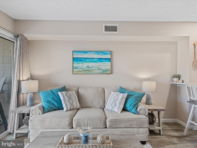 living area featuring wood finished floors, a textured ceiling, baseboards, and visible vents
