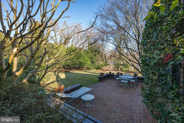 view of yard featuring outdoor dining area and a patio