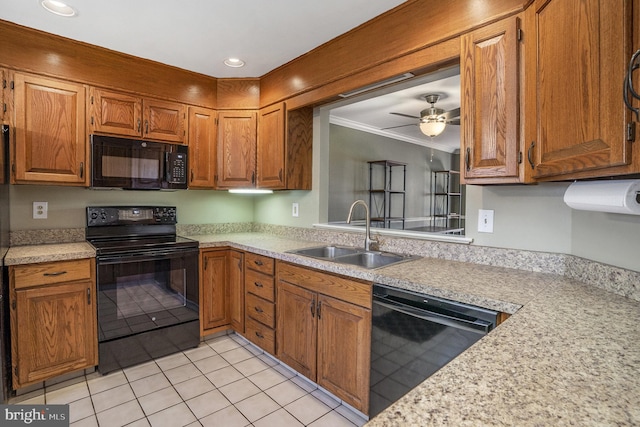 kitchen featuring crown molding, ceiling fan, light countertops, black appliances, and a sink