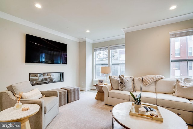 living area featuring recessed lighting, light colored carpet, and crown molding