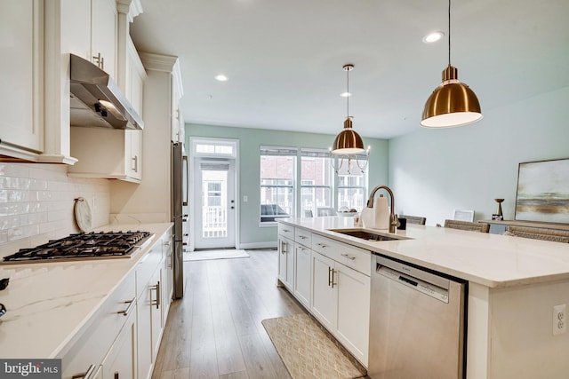 kitchen with a sink, decorative backsplash, appliances with stainless steel finishes, exhaust hood, and a kitchen island with sink