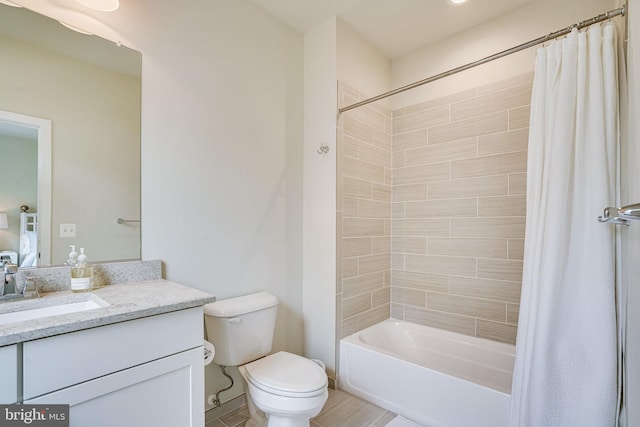 bathroom featuring toilet, vanity, and shower / bathtub combination with curtain