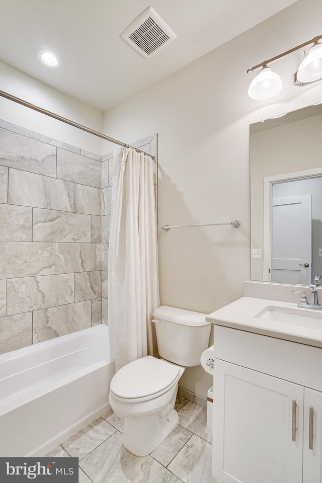 full bathroom with visible vents, toilet, marble finish floor, shower / bath combination with curtain, and vanity