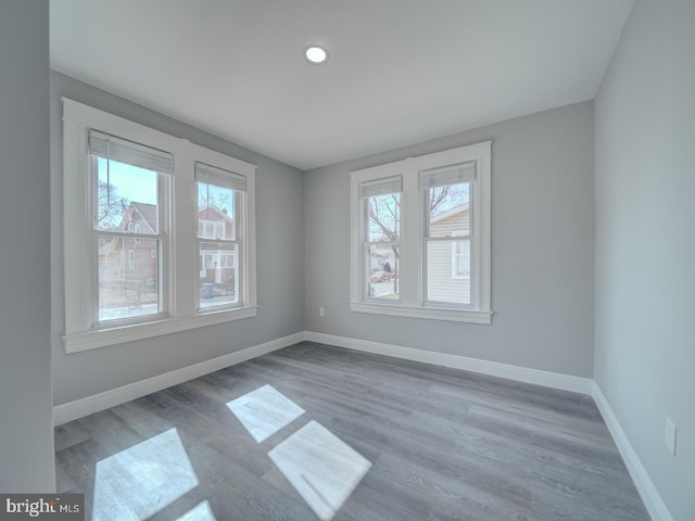 empty room featuring a wealth of natural light, baseboards, and wood finished floors