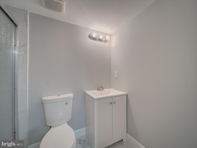 bathroom featuring visible vents, a shower with shower door, baseboards, toilet, and marble finish floor