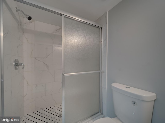 full bathroom featuring a shower stall and toilet