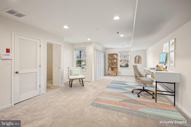 office area with visible vents, recessed lighting, and carpet floors