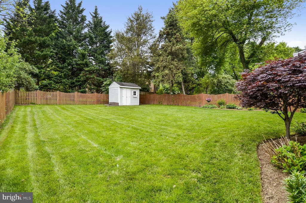 view of yard featuring an outdoor structure, a fenced backyard, and a shed