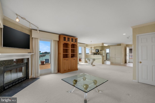 415 14th St Unit 55A, Ocean City, MD 21842 - unfurnished living room with carpet, a premium fireplace, ornamental molding, track lighting, and recessed lighting
