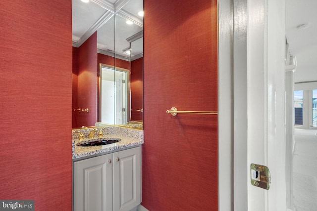 415 14th St Unit 55A, Ocean City, MD 21842 - bathroom with vanity, ornamental molding, and coffered ceiling