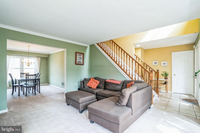 tiled living area featuring a notable chandelier, stairway, carpet, and ornamental molding