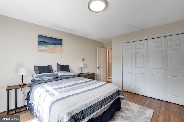 bedroom with baseboards, a closet, and wood-type flooring