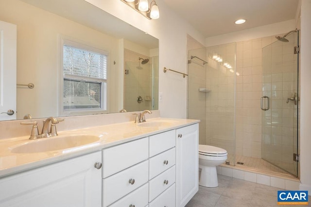 full bathroom with toilet, a stall shower, and a sink