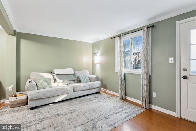 living room featuring baseboards, wood finished floors, and crown molding