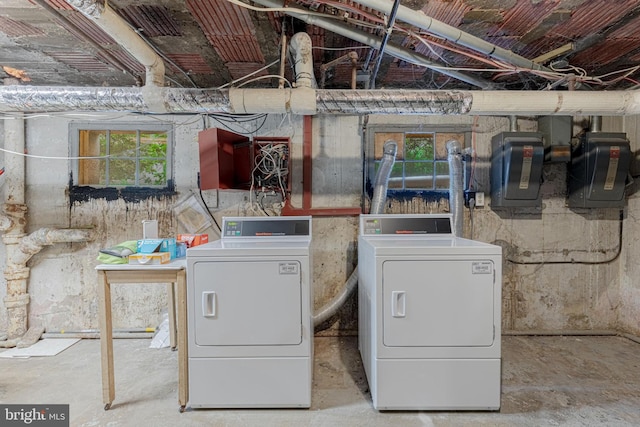 washroom with laundry area, electric panel, and separate washer and dryer