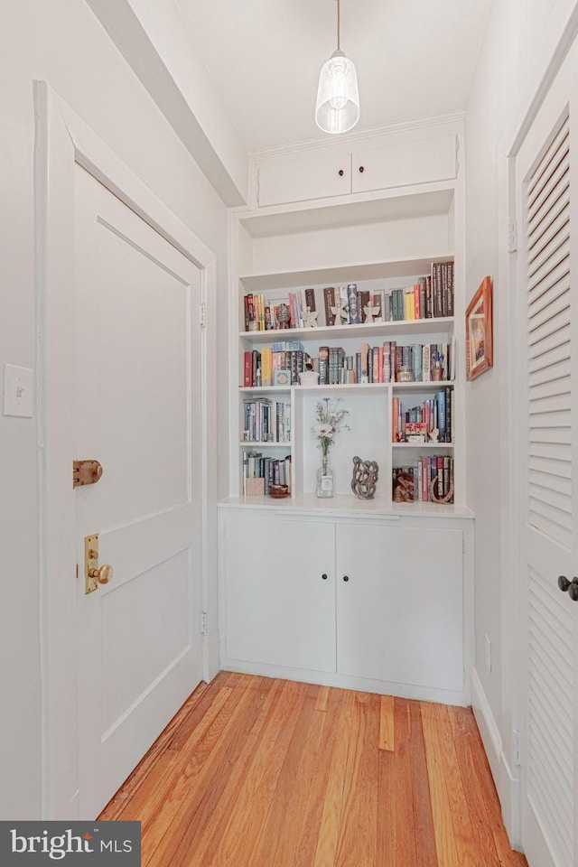 interior space featuring built in shelves and wood finished floors