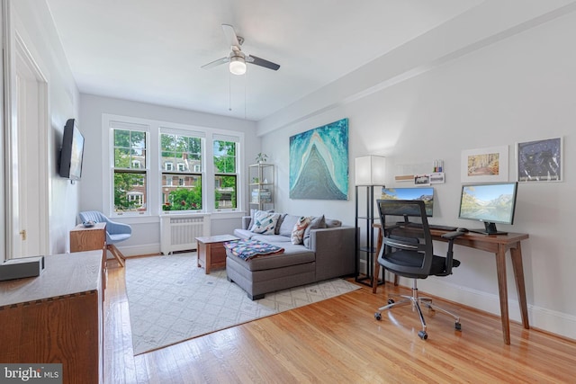 office space with hardwood / wood-style floors, baseboards, radiator, and ceiling fan