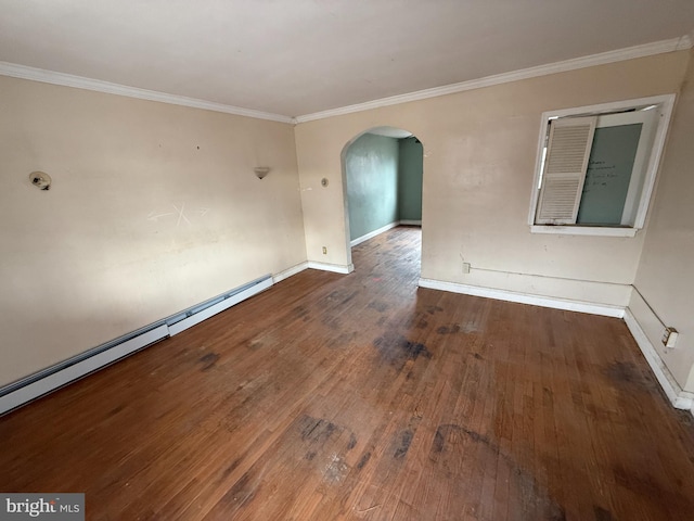 unfurnished room featuring a baseboard heating unit, crown molding, hardwood / wood-style flooring, and arched walkways