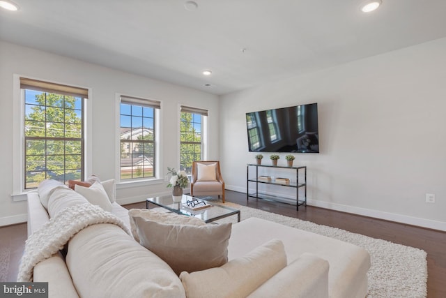 living room featuring recessed lighting, wood finished floors, and baseboards