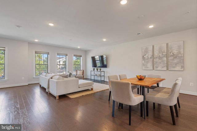 dining room featuring recessed lighting, a healthy amount of sunlight, baseboards, and dark wood-style flooring