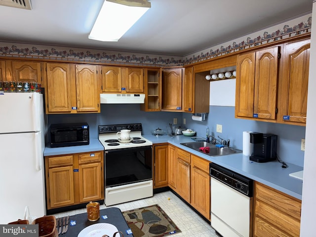 kitchen with white appliances, open shelves, a sink, light countertops, and under cabinet range hood