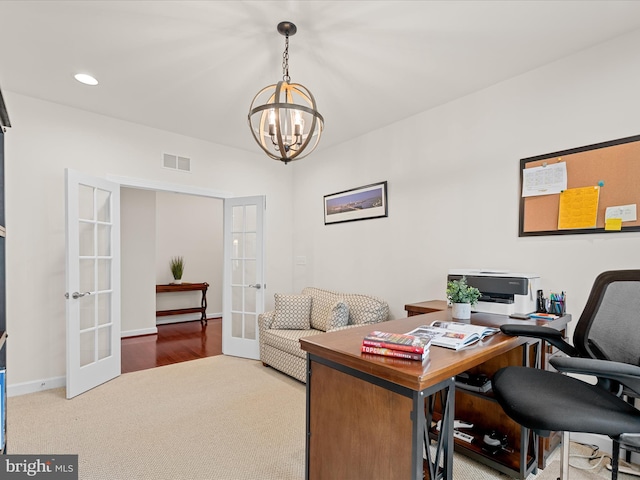 23811 Pembroke Ln, Millville, DE 19967 - carpeted office space featuring a notable chandelier, baseboards, recessed lighting, french doors, and visible vents