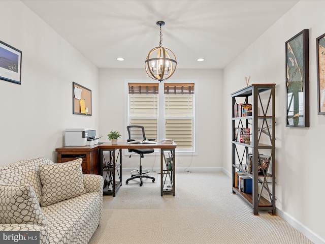 23811 Pembroke Ln, Millville, DE 19967 - office space featuring a chandelier, recessed lighting, baseboards, and carpet floors