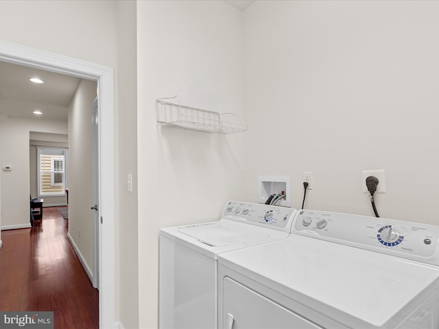 23811 Pembroke Ln, Millville, DE 19967 - clothes washing area featuring recessed lighting, dark wood-type flooring, separate washer and dryer, and laundry area