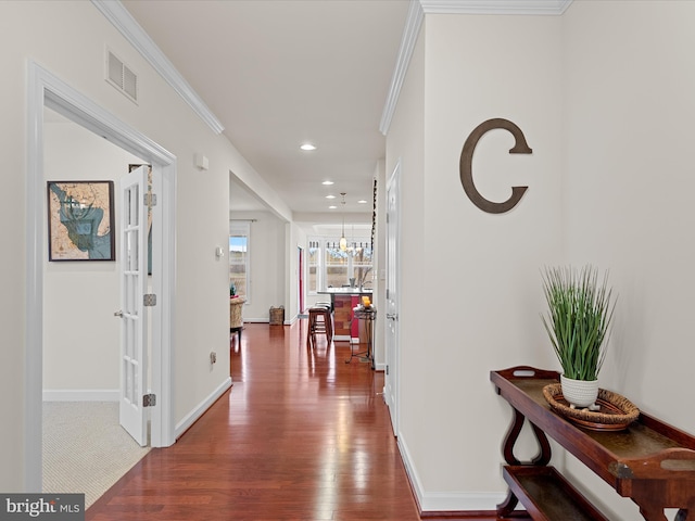 23811 Pembroke Ln, Millville, DE 19967 - hall featuring recessed lighting, visible vents, dark wood-style flooring, and crown molding