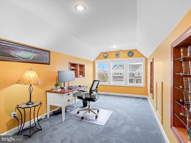 23811 Pembroke Ln, Millville, DE 19967 - home office featuring carpet, baseboards, and lofted ceiling